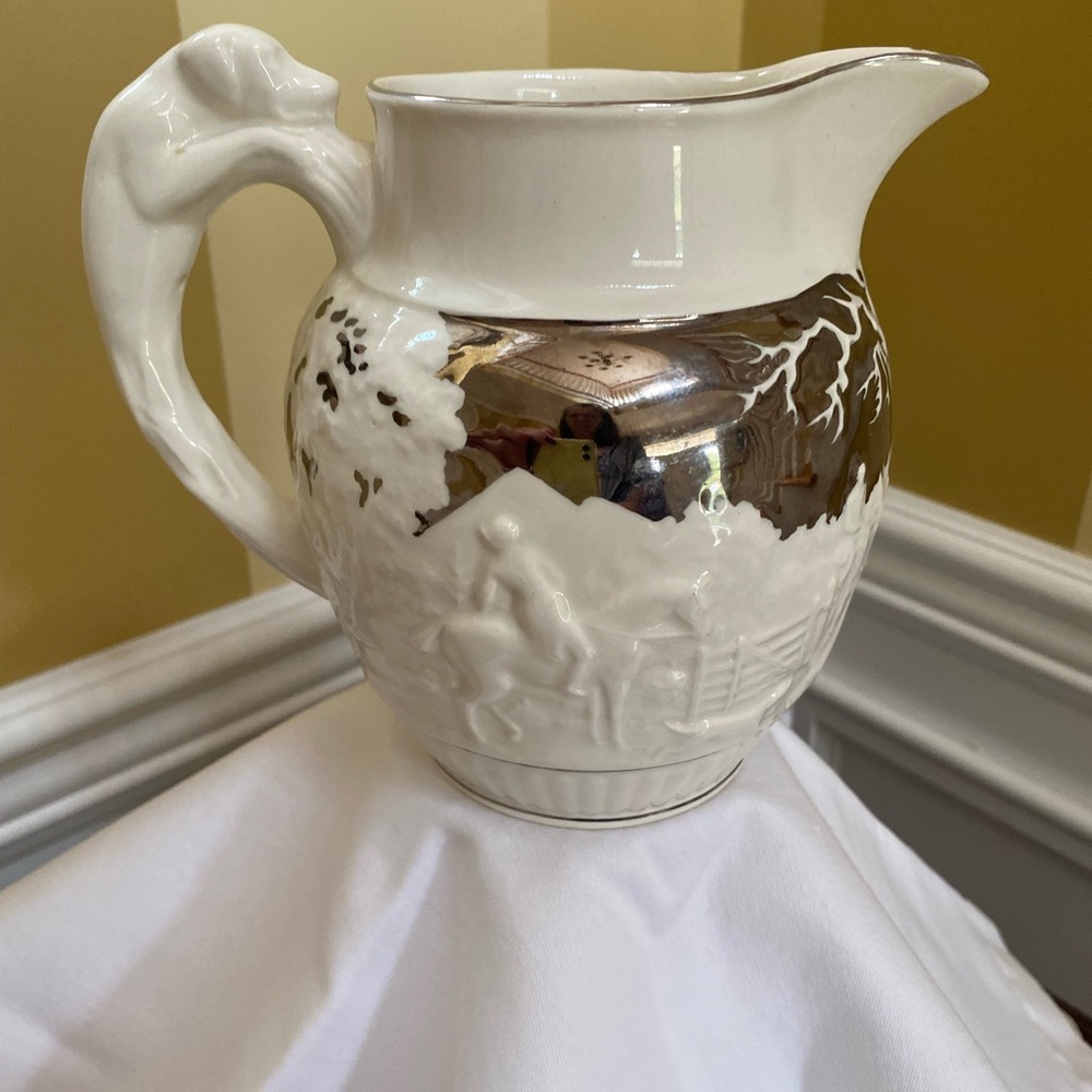 Vintage Wedgewood pitcher, white with silver, fox hunting scene with dog handle,